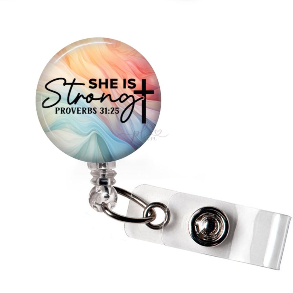 She Is Strong Proverbs 31:25 Christian Badge Reel Faith Retractable ID Holder